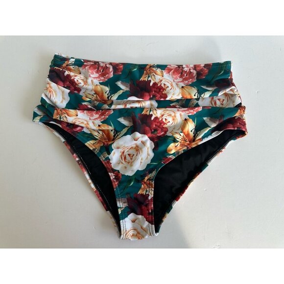 Hilor Womens‎ Retro High Waist Bikini Swim Bottom 10 Tummy Control Ruched Floral - Picture 1 of 7